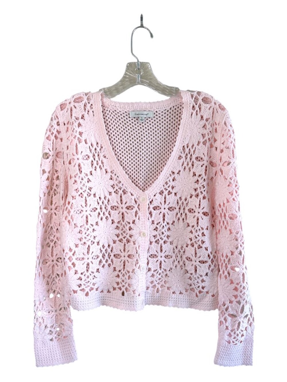Francesca's Crochet V-Neck Cropped Cardigan, S, Pale Pink Fairy Cottage Coquette